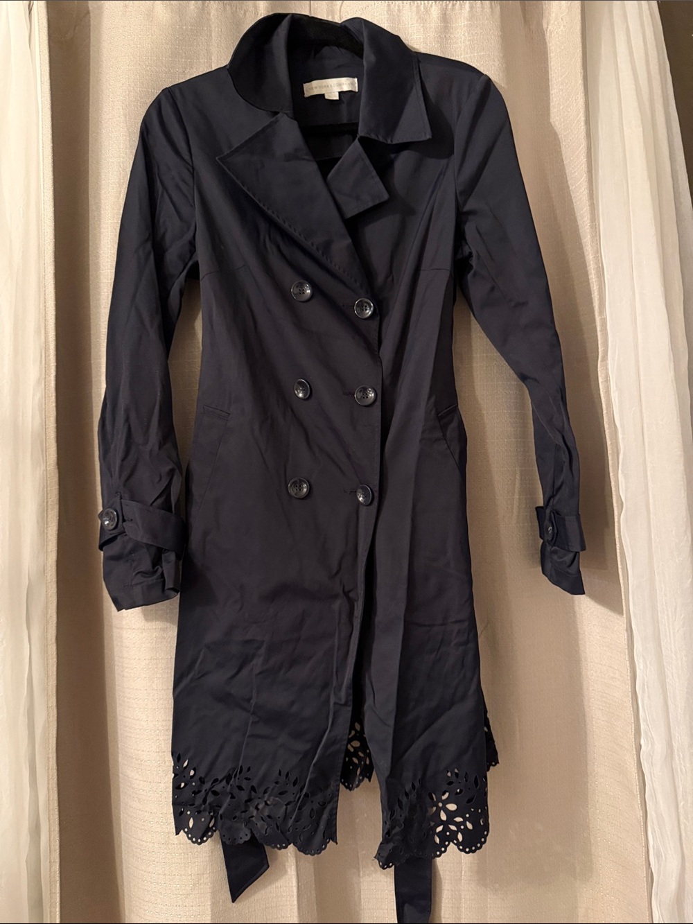 New York & Company Navy Double-Breasted Trench with Laser-Cut Hem